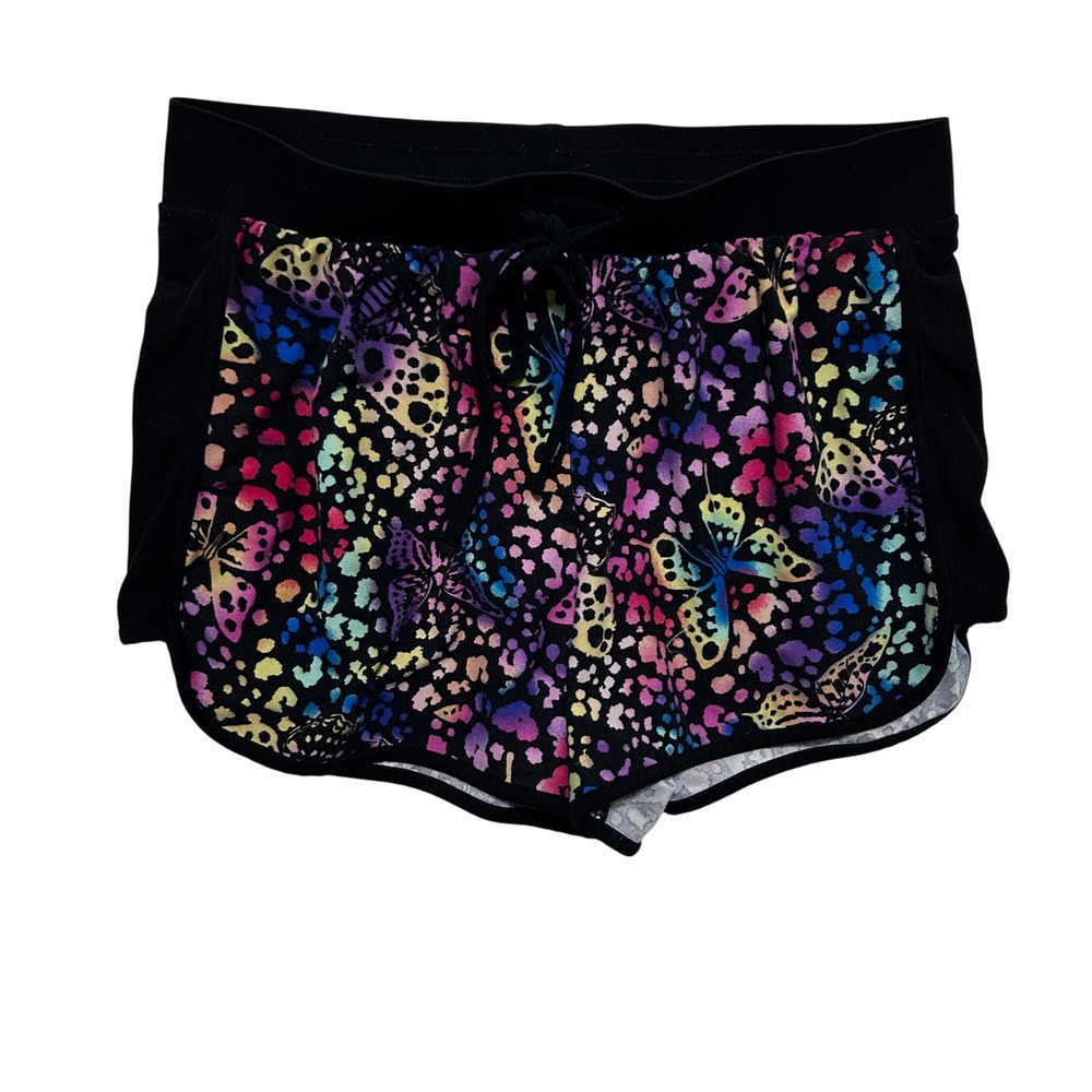 No Boundaries Women Butterfly Print‎ Lounge Shorts M Black Rainbow Leopard Y2K